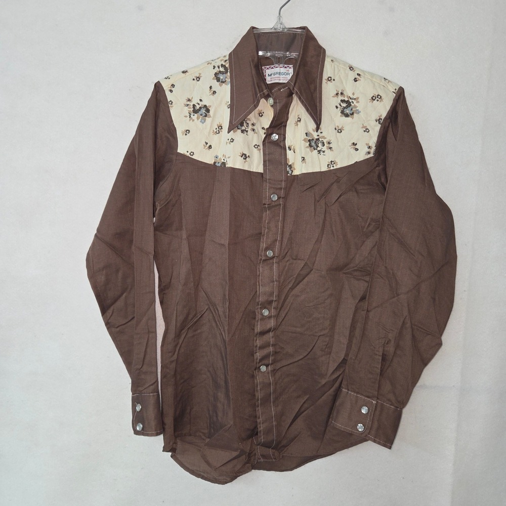 McGregor Kids Western Shirt Brown Floral Print Long Sleeve Pearl Snap 16 Vintage